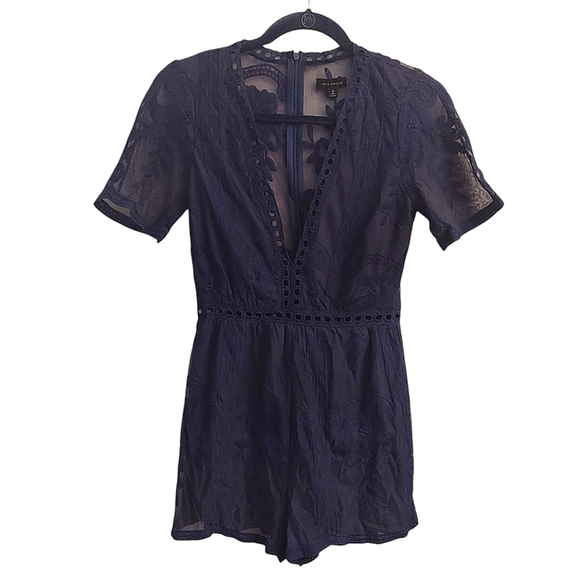 MISS AVENUE Navy Lace Short Sleeve Romper - Picture 1 of 14